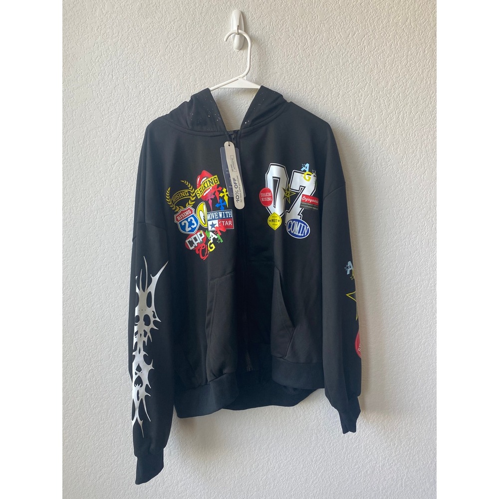 ROMWE Men Graphic Patch Print Y2K STREETWEAR Zip Up Hoodie Size L Black